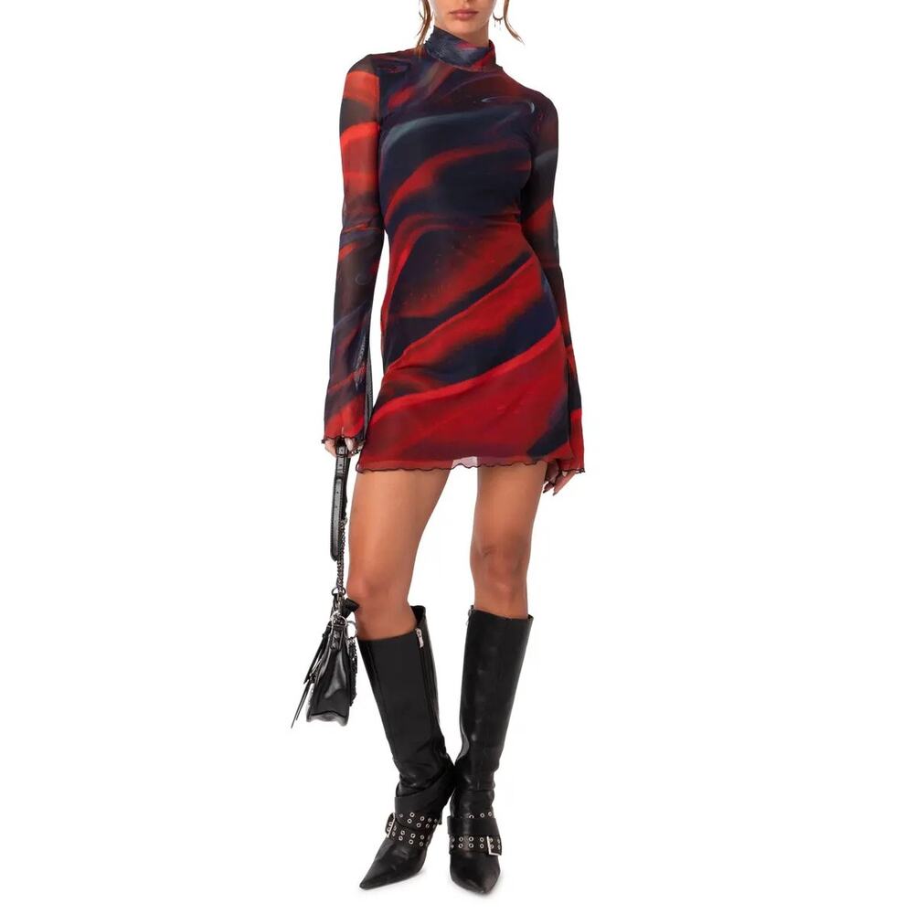 Edikted Sparks Fly Mesh Mini Dress XS Red Black Side Slit Bodycon